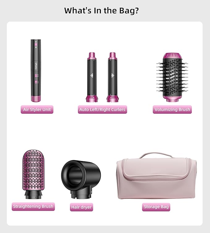 5 in 1 Hot Air Styler & Hair Dryer Brush, High-Speed Blow Dryer Fast Drying Curling Without Heat Damage, Volumizing Straightening, Auto-Wrap Curlers Includes Travel Storage Bag