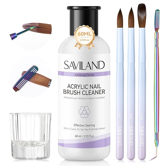SAVILAND Acrylic Nail Brush with Cleaner: Size 8,10,14 Professional Acrylic Brushes Makeup Brushes Cleaner Conditioner Nail Brush Cleaner Tool & Dappen Dish for Acrylics Nails Home Salon DIY