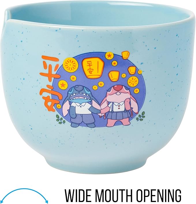 Silver Buffalo Lilo and Stitch Angel Holding Hands Couple Floating Lantern Ceramic Ramen Noodle Rice Bowl with Chopsticks, Microwave Safe, 20 Ounces