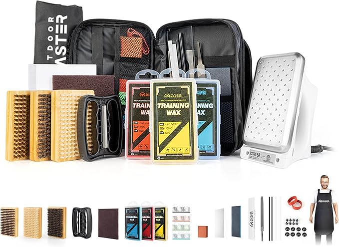 OutdoorMaster Ski Snowboard Tuning and Waxing Kit with Waxing Iron,Universal Wax,Edge Tuner,Brush,Wax Scraper,Ptex,Fixer Screw,Rubber Band