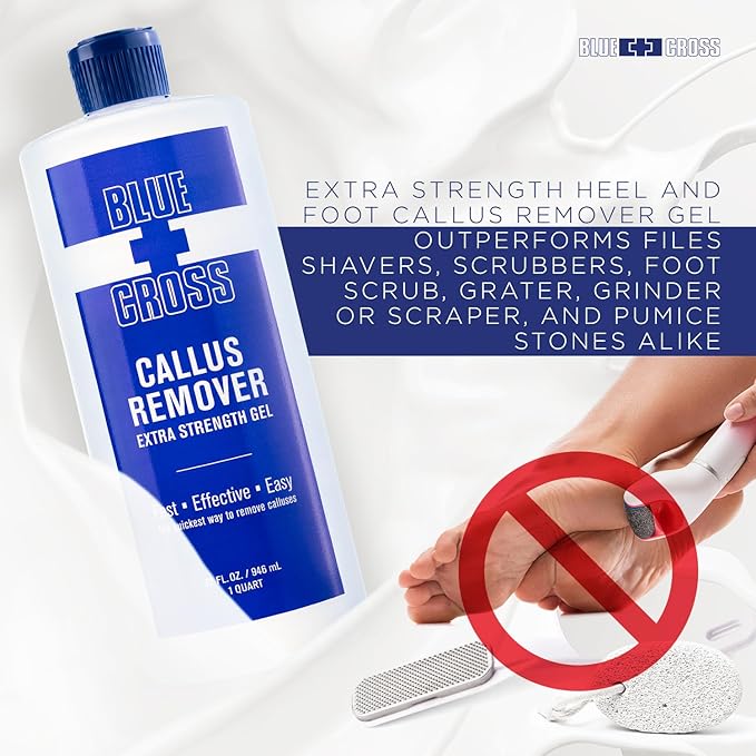 Blue Cross Callus Remover Gel for Feet or Heel, Extra Strength Professional Nail Care, File, Shaver, Scrubber & Pumice Stone Alternative for at Home Manicure/Pedicure Results, Pro Size 946ml, 32oz