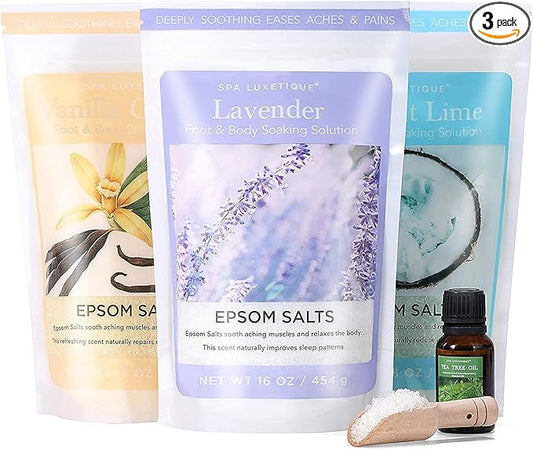 Spa Luxetique Epsom Salts for Soaking, Bath Salts for Women Gifts Set with Lavender, Vanilla and Coconut Scent Bath Set with Tea Tree Oil for Mom Christmas Gifts