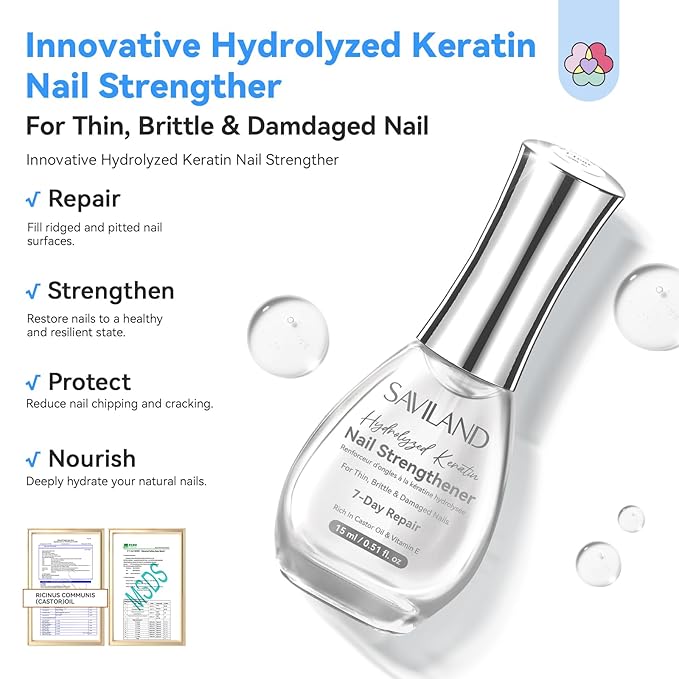 SAVILAND Nail Strengthener: Clear Air Fast Dry Nail Growth for Damaged Nails Transparent Neutral Nail Polish Strengthening Repair Weak & Thin Nails Treatment with Castor Oil Vitamin E 15ml Women Gift