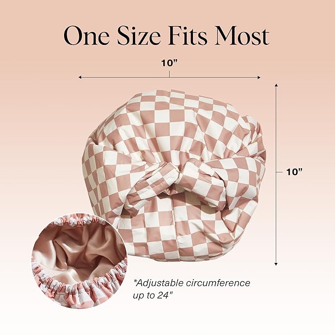 Kitsch Luxury Shower Caps for Women Reusable Waterproof - Flexi Satin Lined, Large Wide Shower Cap for Women & Men, Adjustable, Stylish Hair Cap for Shower, For Long & Short Hair - Terracotta Checker