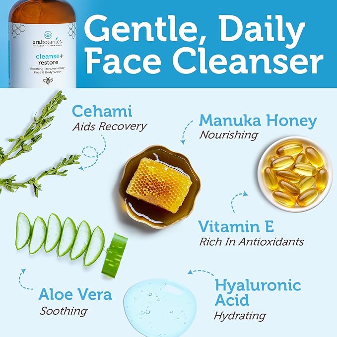 Era Organics Manuka Honey Face Wash for Sensitive Skin - Sulfate Free Gentle Cleanser with Organic Aloe Vera, Hyaluronic Acid & More - Soothing & Moisturizing for Dry Skin - Made in USA (4 oz)