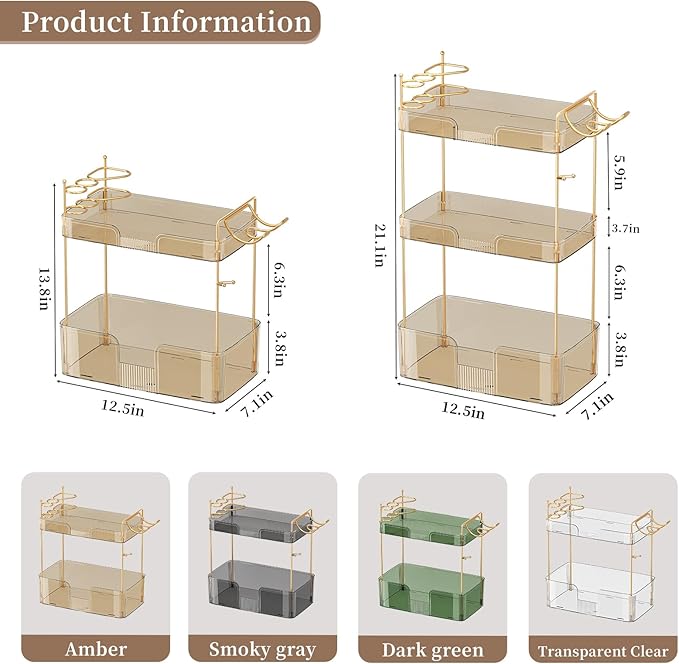 YCIA&DONE Luxury Bathroom Counter Organizer, Large Makeup Organizer Countertop, Shelf Organizer, Vanity Tray, Easily Assemble for Bathroom Organizers and Storage, Undersink, Cabinet,3 Tiers Amber