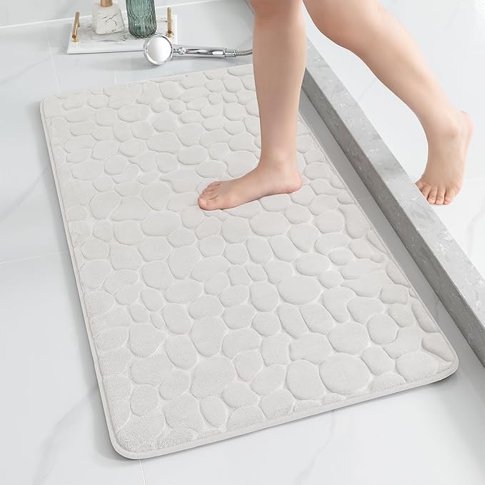 YIHOUSE Memory Foam Runner Rug, Cobblestone Bathroom Runner Rugs Super Water Absorbent Bath Mats for Bathroom Machine Washable Bath Rugs for Hallway Bedroom Laundry Room(24 x 47,White)