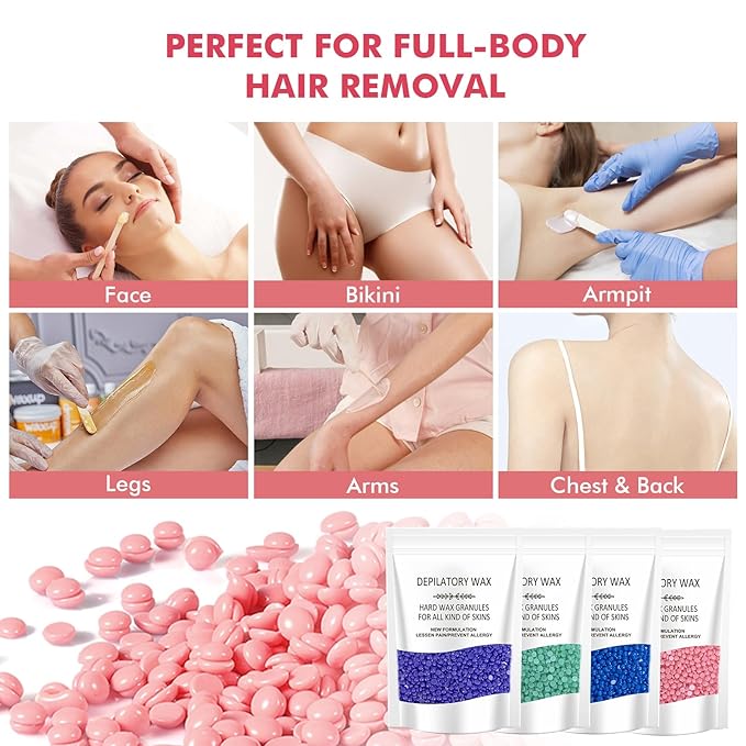 Waxing Kit for Women & Men - Complete Hair Removal Wax Kit with 4 Bags Hard Wax Beads & Silicone Pot for Full Body, Bikini, Brazilian, Eyebrow, Legs, Face - Easy to Use at Home Wax Warmer