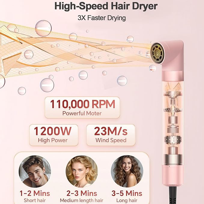 6 in 1 Air Styler Set & Hair Dryer Brush, 110,000 RPM High-Speed Negative Ionic Hair Dryer Fast Drying, Multi Professional Hot air Styler for Curling Volumizing Straightening Styling(Pink)