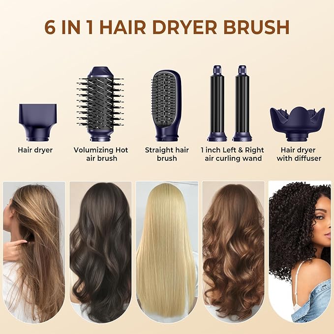 6 in 1 Hair Dryer Brush, Foldable Blow Dryer Brush with Air Styler Curler Wrap, Detachable Hot Air Brush Dry,Volumize, Straight,Curl, Negative Ion Brush Blow Dryer with Diffuser, Hair Styler Tools