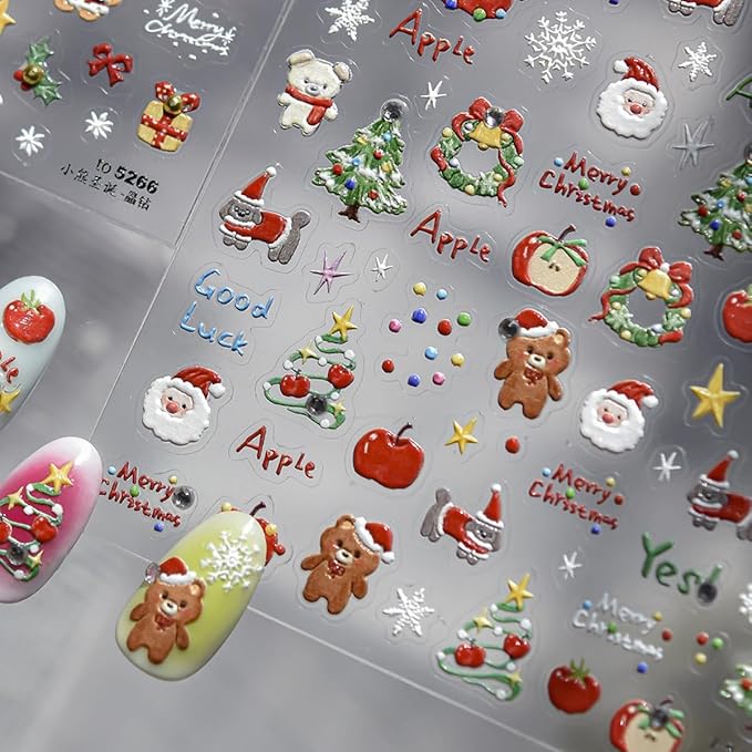 Christmas Nail Art Stickers 5D Diamond Xmas Nail Decals 1PCS Xmas Trees Apple Santa Claus Bear Christmas Nails Design Cute Holiday Nail Stickers Nail Art Supplies for Women DIY Manicure Decorations