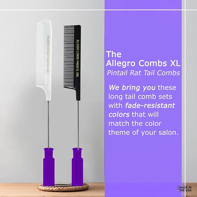Allegro XL Pintail Rat Tail & Parting Combs - Metal Tail Foiling & Pin Combs (2 Pc., BLACK & WHITE)