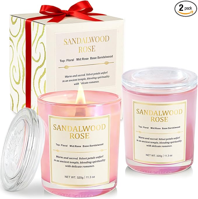 2 Pack Candles for Home Scented,Wood Wick Sandalwood Rose Scented Candle,22.6 oz 150 Hour Long Burning Lasting, Natural Soy Wax Candles Gifts Set,for Christmas Day