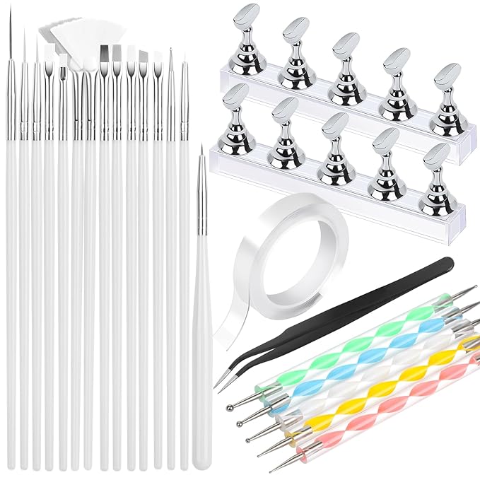 FANDAMEI Nail Art Tools, Nail Brush, 15 PCS Nail Art Brushes, 5 PCS Nail Dotting Tool, Nail Stand, Nail Holder For Painting Nails, Nail Tools, Nail Design Tools, White