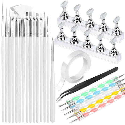 FANDAMEI Nail Art Tools, Nail Brush, 15 PCS Nail Art Brushes, 5 PCS Nail Dotting Tool, Nail Stand, Nail Holder For Painting Nails, Nail Tools, Nail Design Tools, White
