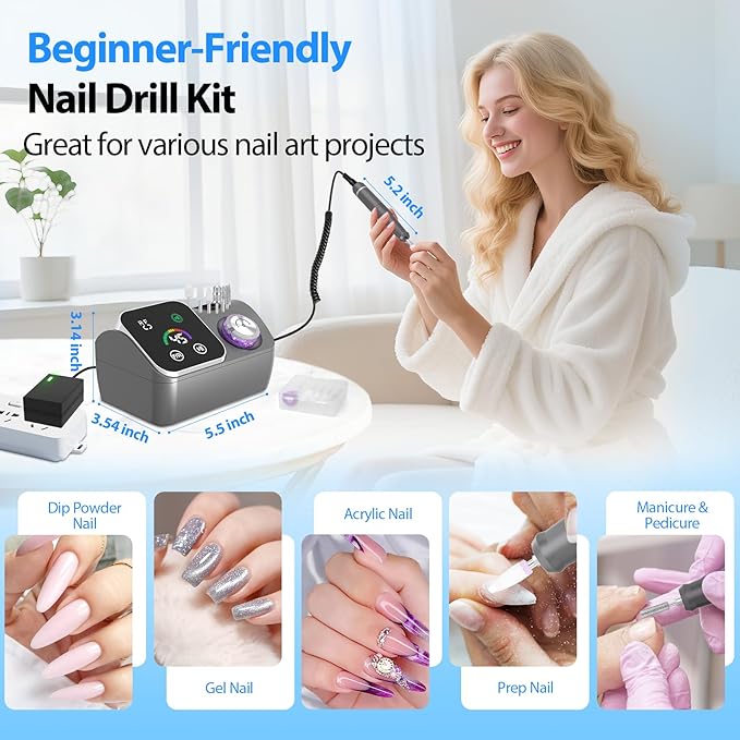Professional Electric Nail Drill E-File Machine - 45,000 RPM Corded Nail Drills Kit with Low Noise & LED Display for Shaping, Removing & Polishing Acrylic Gel Nails for Salon Home