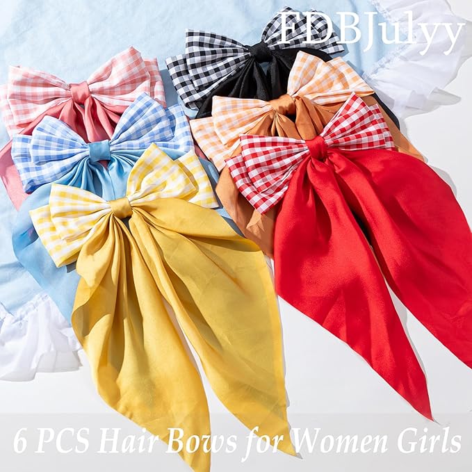6 PCS Nonslip Claw Hair Bow Clips for Women - Big Bows for Thick & Thin Hair