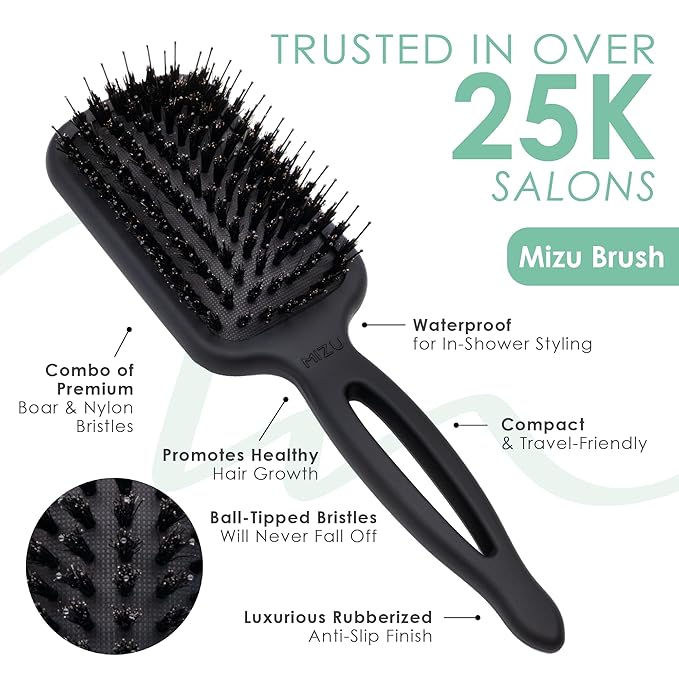 MINT Mizu Waterproof Boar Bristle Hair Brush for Women | Create Long-Lasting Shine | Premium Anti Breakage Detangling Paddle Wet Brush for Healthy Scalp & Hair Growth | Travel Hairbrush for Women