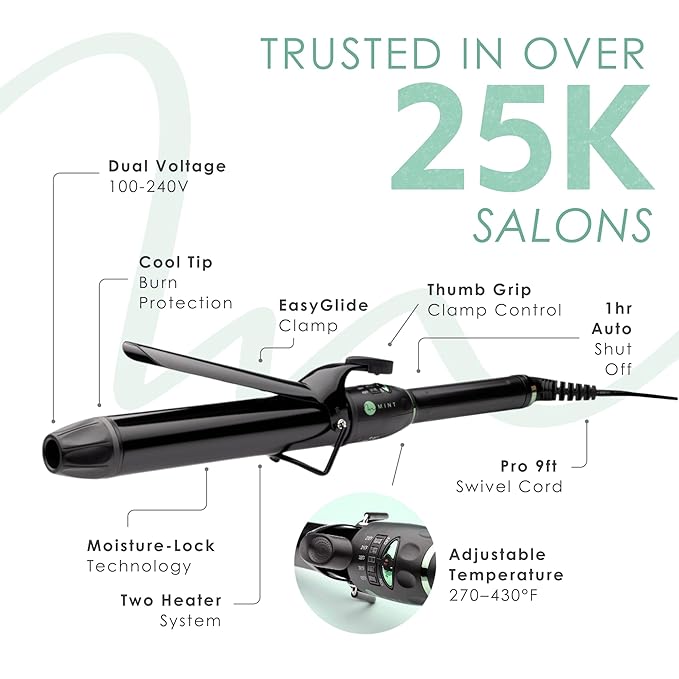 MINT Professional Extra Long Hair Curling Iron 1 inch | 2-Heater Ceramic Long Barrel Curling Iron | 1 Inch Curling Iron Hair Curler for Small to Medium Curls | International Dual Voltage