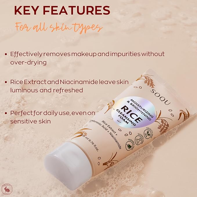 Rice Foam Cleanser with Niacinamide & Hyaluronic Acid – Gentle Korean Face Wash for Hydrating & Brightening – Made in Korea – 200ml