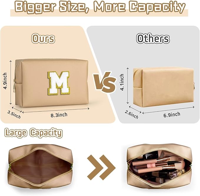 TOPEAST Initial Makeup Bags for Women, Personalized Portable Cosmetic Bag for Travel, Cute Makeup Pouch, PU Leather Waterproof Toiletry Bag, Preppy Things for Girl (Khaki V)