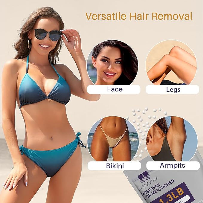 BLITZWAX 1.3lb Hard Wax Bead Kit for Men and Women Hair Removal, Cream Scent Wax Beans for Nose, Sensitive Skin, Brazilian, Body, Face, Waxing Pearls Bulk with 50pcs Sticks for Beginners and Home Use