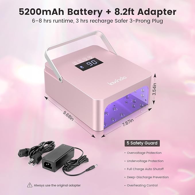 Lavinda 60W Large UV LED Nail Lamp with Portable Handle, Rechargeable 5200mAh Nail Dryer with Dual Controls, Max/Low Heat, 3-Prong Safety Adapter & LCD for Salon & Home.