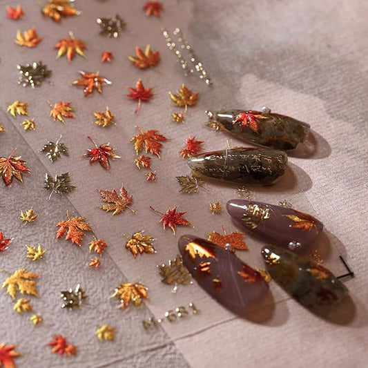 Fall Nail Art Stickers 5D Embossed Maple Leaf Nail Decals Autumn Leaves Nails Design Self-Adhesive Nail Art Supplies Fall Maple Leaf Manicure Sliders for Women Thanksgiving DIY Manicure Decorations