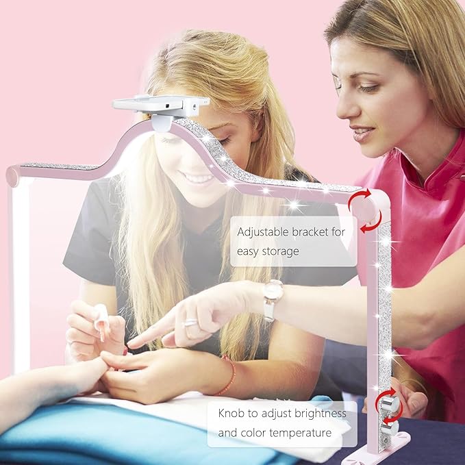 34-Inch Nail Light for Desk, 3-Level Dimming Half Moon Light, 3360LM Lamp, Adjustable with Phone Holder, Eye Protection – Ideal for Nail Techs - Pink