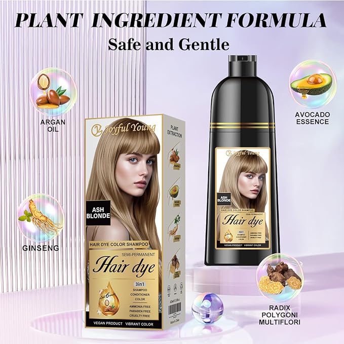 Natural Hair Dye Shampoo 3 IN 1, Gray Hair Coverage, Vegan, Ammonia-Free & Paraben-Free Hair Coloring Shampoo for Women & Men, Beard Dye for Men, Nourishing Gentle (ASH BLONDE)
