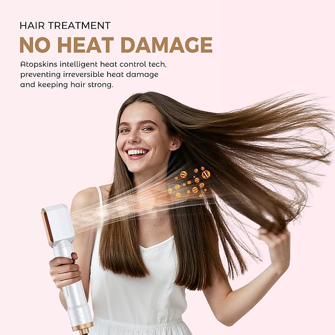 6 in 1 Air Styler Magic Hair Dryer Brush, Negative Ionic Blow Dryer Brush & 3 Heat Settings, Detachable Auto Curling & Straightening Volumizing, Frizz-Free Styling, Salon to Home Use (White-Pink)