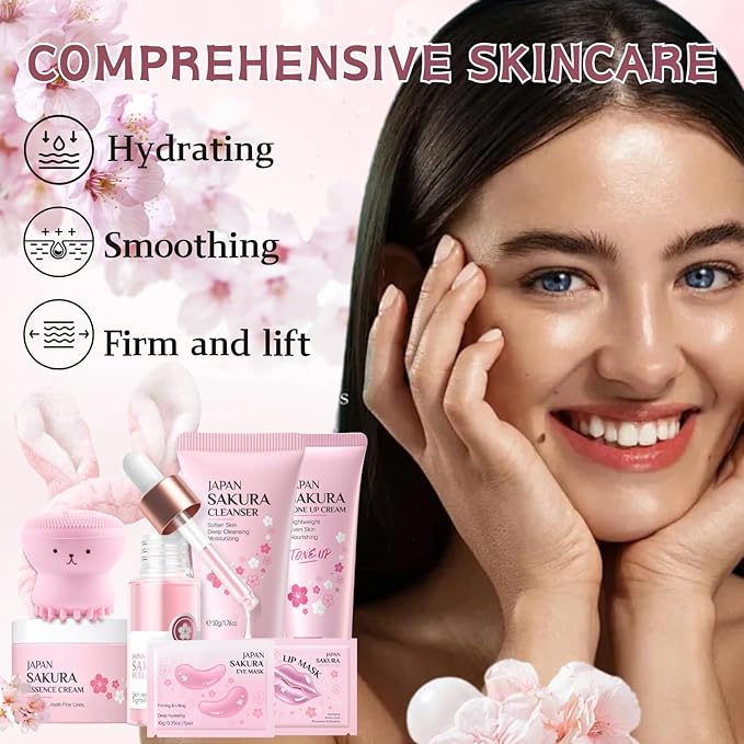 Sakura Skincare Set for Women Teen Girl Gifts - Skin Care Set Travel Size - Skincare for Girls 10-12 Hydrating - Birthday Gift Set face kit with Cleanser,Serum,Cream,Toner Up Cream,Eye & Lip Mask,8PCS