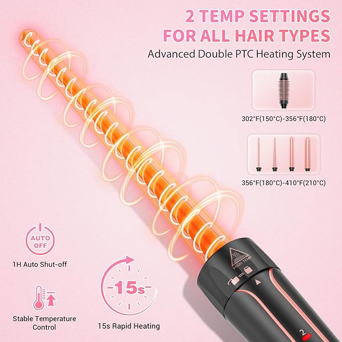 5 in 1 Curling Iron, Sixriver Hair Curling Wand Set with Curling Thermal Brush&4 Interchangeable Ceramic Curling Wand(0.4”-1.25”), Long Lasting Curls, Fast Heating Hair Wand Curler with Glove&2 Clips
