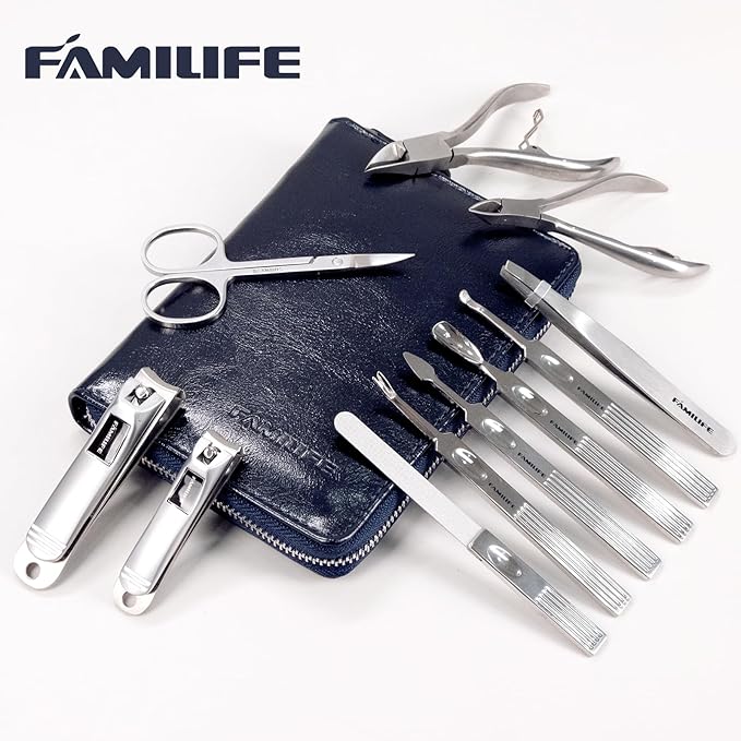 Manicure Kit, FAMILIFE Professional Manicure Set Nail Kit, 11 in 1 Stainless Steel Nail Clippers Set for Men Pedicure Tool, Men Grooming Tool with Portable Blue Leather Travel Case Luxury Gifts