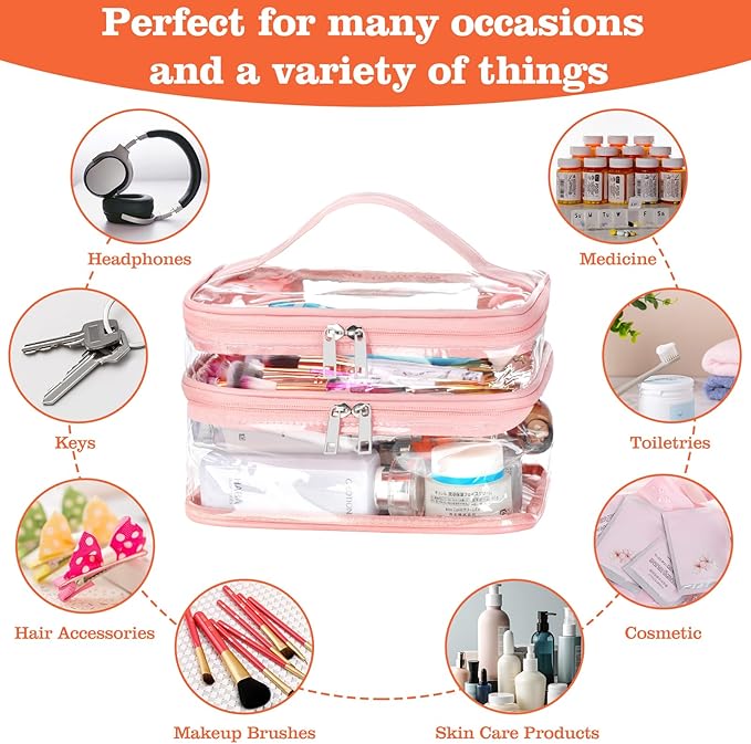 HAOGUAGUA Double Layer Clear Cosmetic Bag Makeup Bag, Waterproof Travel Toiletry Bag, Transparent PVC Pouch Organizer (Pink Large)