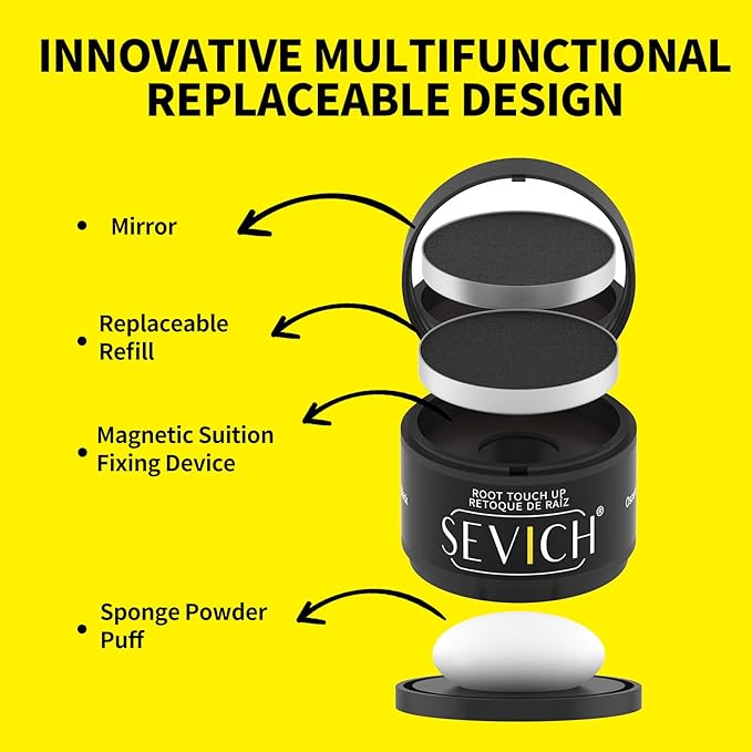 SEVICH Magnetic Hairline Powder with Brush | Refillable Root Touch Up for Sparse Hairlines & Gray Coverage | Waterproof, Sweat-Proof & Smudge-Proof | Natural & Invisible Hair Concealer (Med Brown)