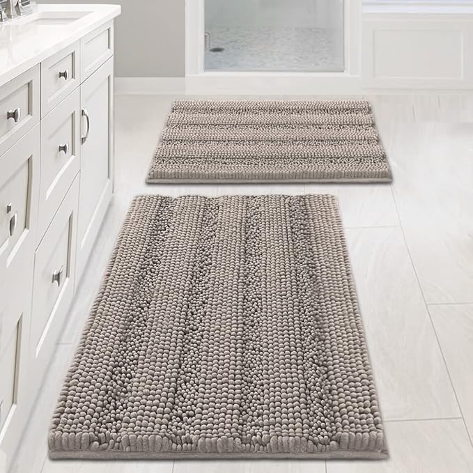 Non Slip Thick Shaggy Chenille Bathroom Rug Mat Set Extra Soft and Absorbent Striped Floor Rugs, 2 Piece, Machine-Washable