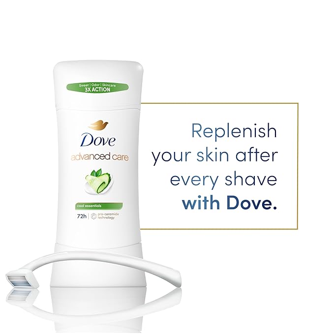 Dove Advanced Care Anti Deo Stick Cool Essentials Twin Pack for helping your skin barrier repair after shaving 72 h odor control and all-day sweat protection with Pro Ceramide Technology 2.6 oz
