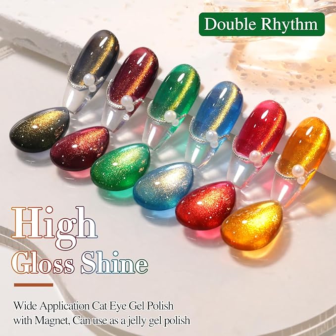 Double Rhythm Cat Eye Gel Nail Polish Set of 6 Same Color Same Bottle 0.5 Oz Shimmer Glitter with Magnet Holographic Reflective Magnetic UV Polish Kit (Golden Black Brown Red Blue Green-T6-33)