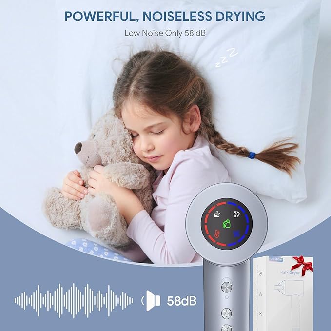 Hair Dryer, High-Speed Ionic Low Noise Blow Dryer with Brushless Motor for Fast Drying, Thermo-Control Quiet Compact Hair Blow Dryer, Hairdryer with 1 Nozzle Attachments for Home Salon Travel