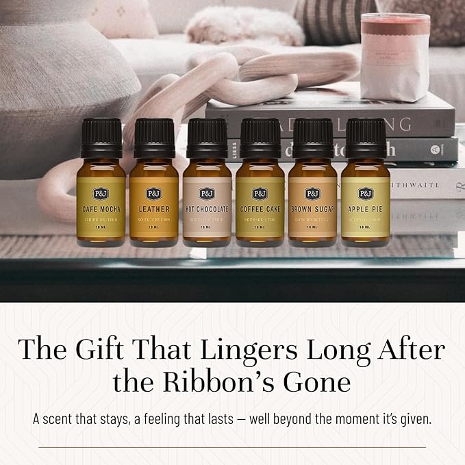 P&J Trading Cozy Home Set of 6 Fragrance Oils - Brown Sugar, Apple Pie, Coffee Cake, Café Mocha, Leather, Hot Chocolate Scented Oils for Candle Scents, Soap Making, Diffuser Oil