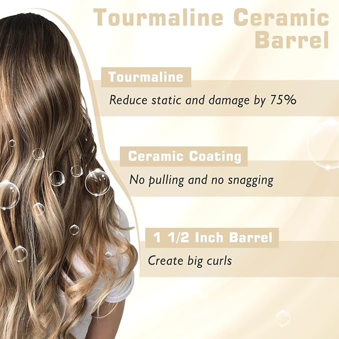 1 1/2 inch Curling Iron, Dual Voltage Large Hair Curling Iron Heat up to 450°F, Professiona Curling Wand Ceramic Tourmaline(Champagne Gold)
