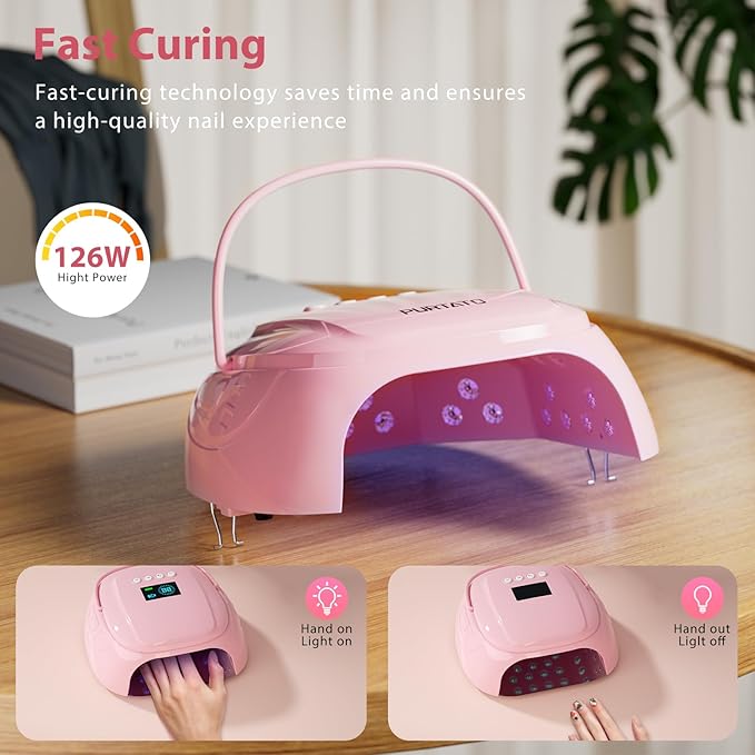 126W Cordless Rechargeable UV LED Nail Lamp with Large Space, Handle and Foot Rest, Fast Curing Gel Nail Dryer with 4 Timers for Salon and Home (Pink)