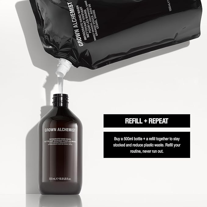 Grown Alchemist Invigorate Hand Wash + Refill Set – Liquid Hand Soap with Aloe, Sweet Orange, Cedarwood & Sage – Gentle, Moisturizing Kitchen & Bathroom Soap, Natural Plant Based Gel Cleanser