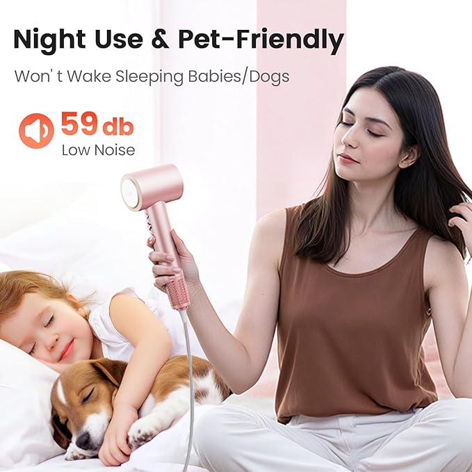 Hair Dryer, 160,000 RPM High-Speed Ionic Blow Dryer for Fast Drying, Professional Lightweight Hairdryer with Diffuser, Magnetic Nozzle, 4 Temps & 2 Speeds, Low Noise for Travel & Home - Pink