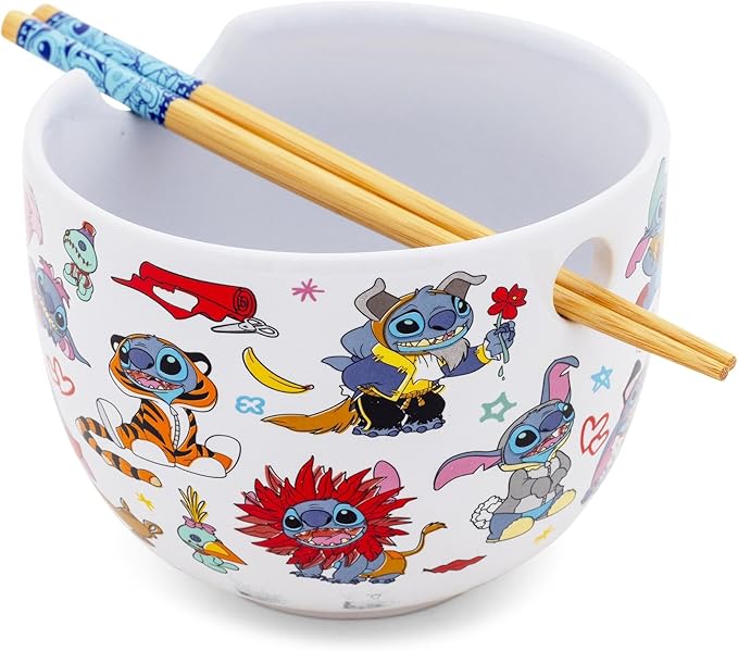 Silver Buffalo Disney Lilo and Stitch Featuring Stitch and Scrump in Disney Character Costumes Ceramic Ramen Noodle Rice Bowl with Chopsticks, Microwave Safe, 20 Ounces