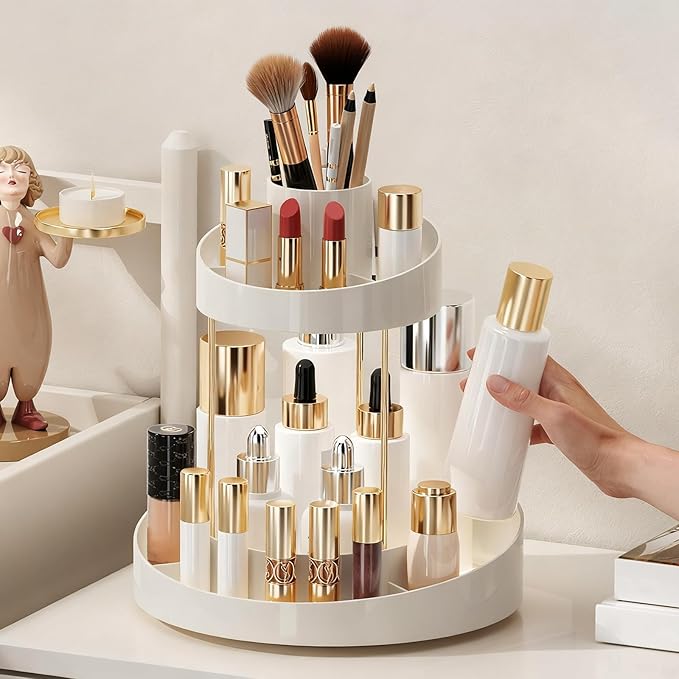 2 tier Makeup Organizer Countertop,360 Rotating Makeup Organizer for Skincare, Lipstick and Perfumes,Multi-function Cosmetic Display Cases for Vanity,Bathroom,White
