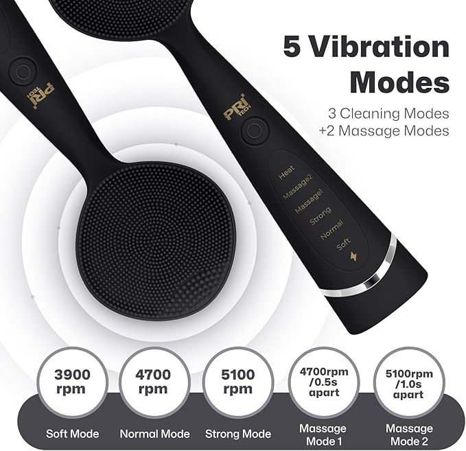 PRITECH Facial Cleansing Brush, Rechargeable Silicone Face Scrubber with Constant-Temperature Heating, Vibrating Exfoliator Scrubber for Deep Pore Cleaning, Waterproof Face Brush for Women & Men-Black