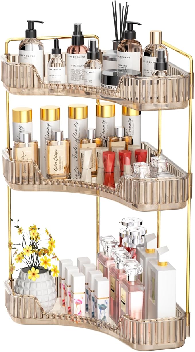GTI 3-Tier Corner Bathroom Counter Organizer, Large Capacity Makeup Organizer Countertop, Perfume Cosmetics Skincare Vanity Organizers, Exquisite Countertop Storage for Women (Amber)