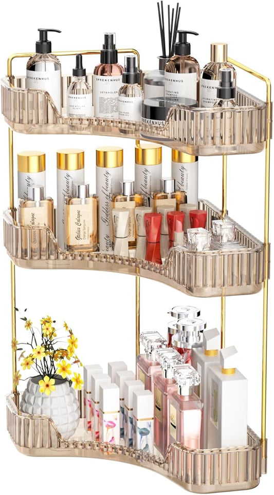 GTI 3-Tier Corner Bathroom Counter Organizer, Large Capacity Makeup Organizer Countertop, Perfume Cosmetics Skincare Vanity Organizers, Exquisite Countertop Storage for Women (Amber)
